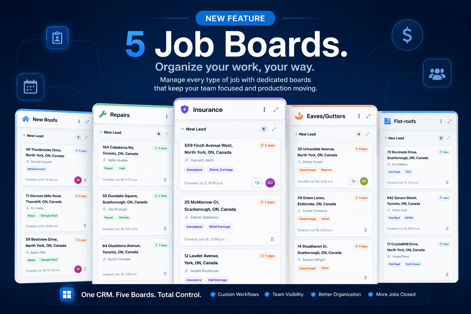 Five Vertex CRM job boards side by side — New Roofs, Repairs, Insurance, Eaves/Gutters, and Flat-roofs — each with its own column of job cards