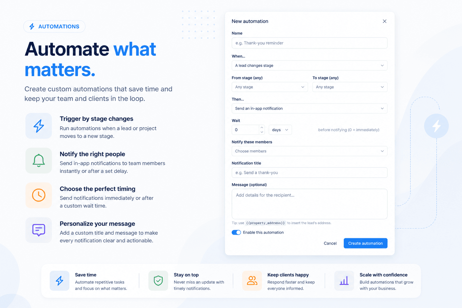 Vertex CRM automations with triggers, actions, timing, and message templating