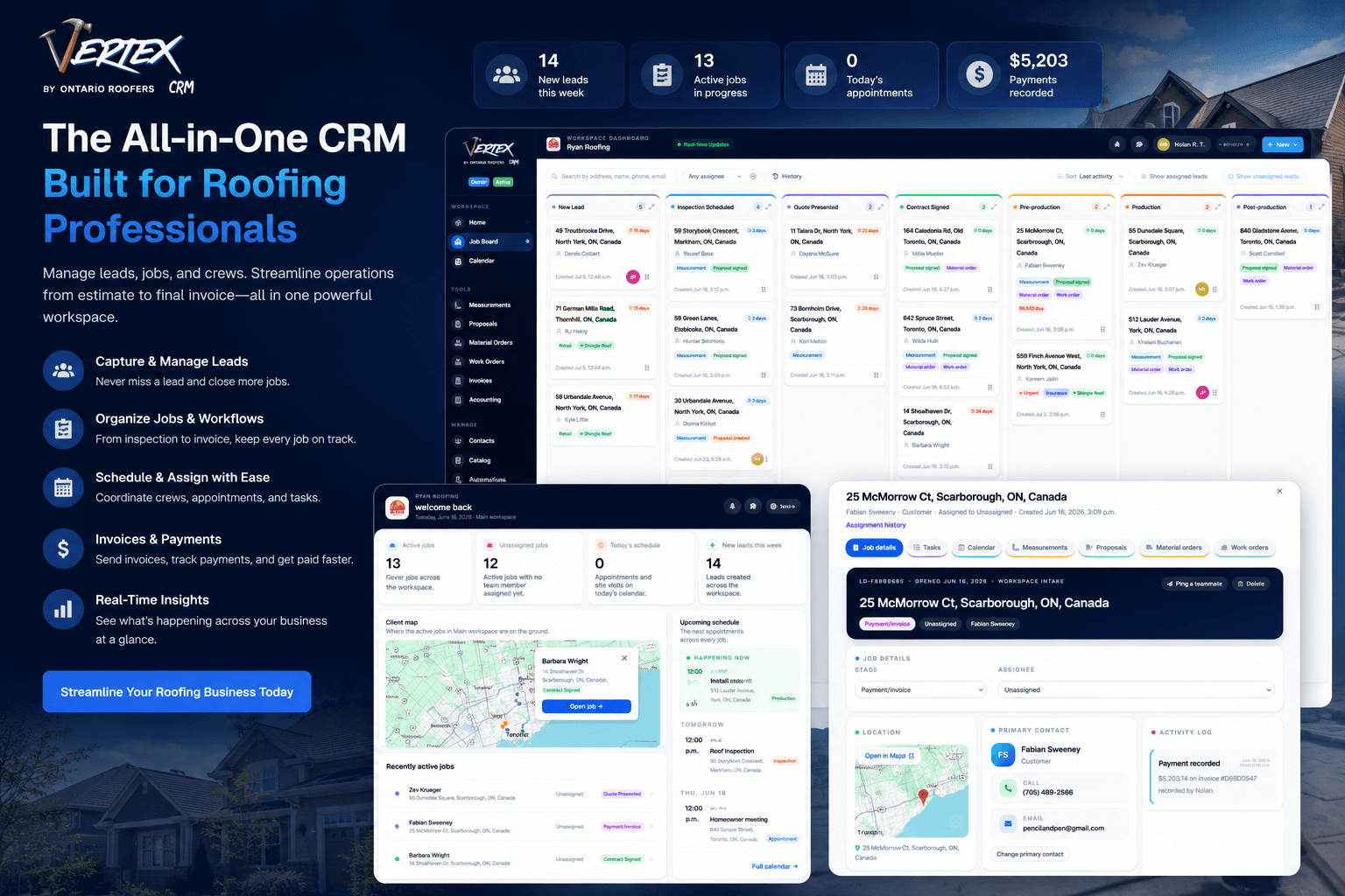 Vertex CRM workspace dashboard with a job pipeline, client map, live team activity, real-time notifications, and a tabbed job record