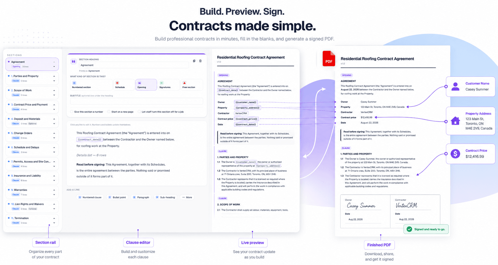 The Vertex CRM contract builder alongside the finished, signed agreement it produces