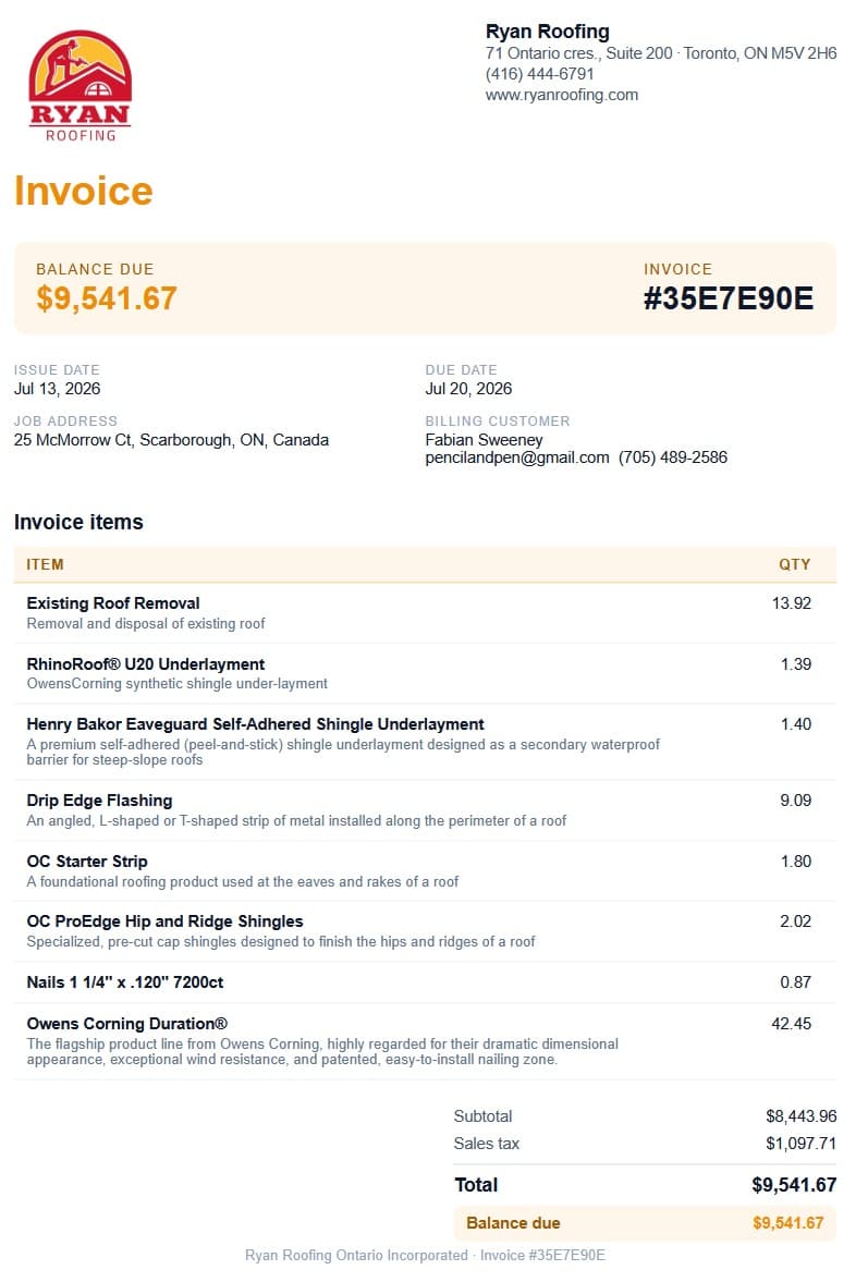 Vertex CRM customer invoice PDF with balance-due banner and totals