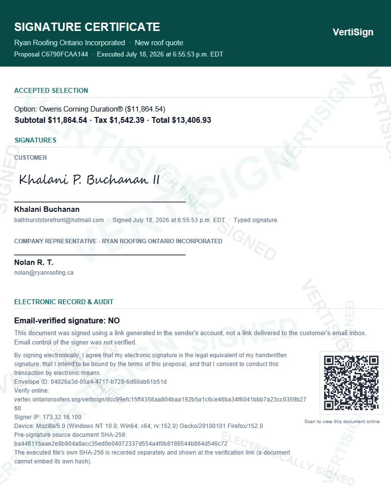 VertiSign signature certificate with signatures, audit trail, and SHA-256 fingerprint