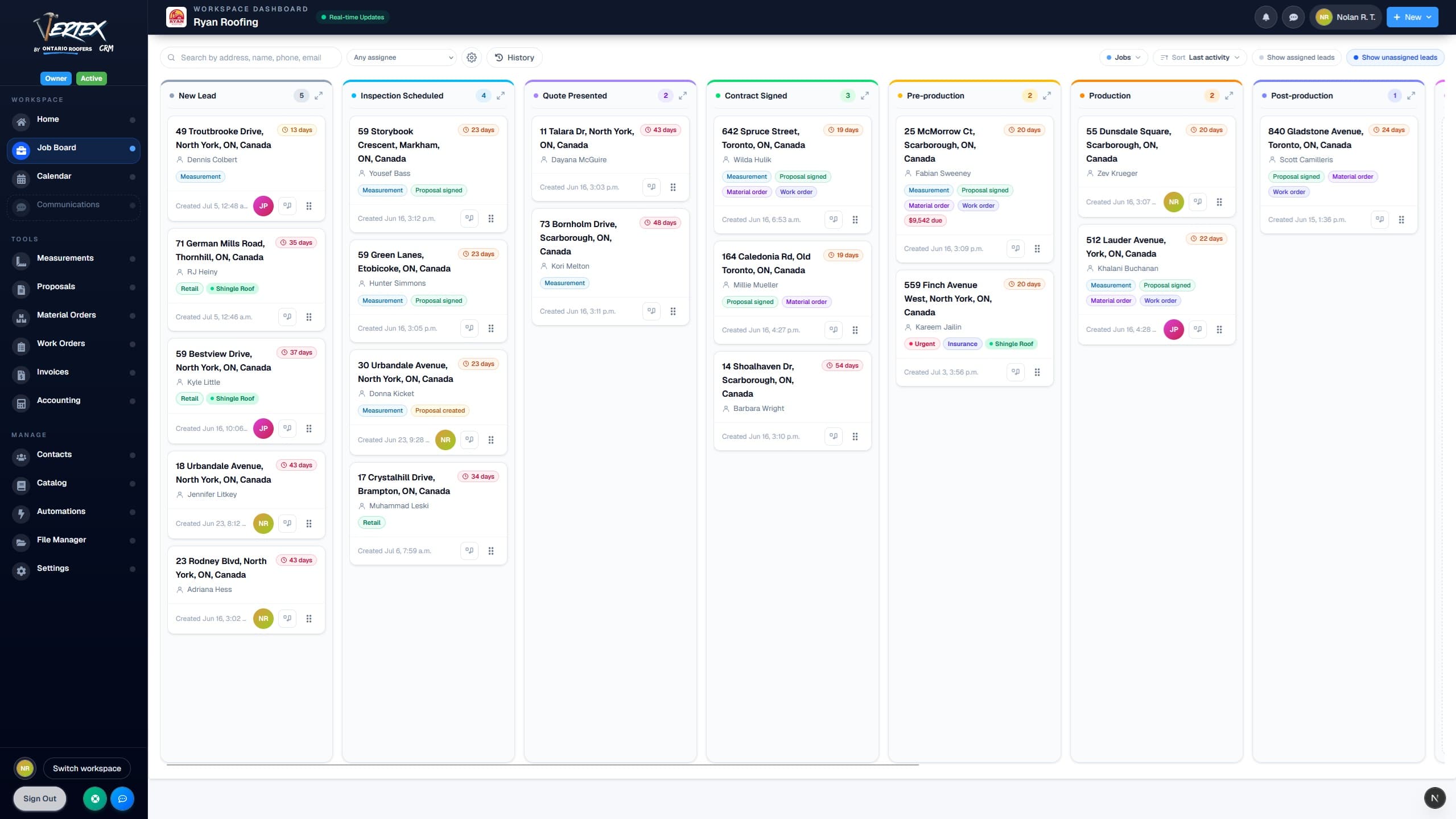 The Vertex CRM job board: leads moving across New Lead, Inspection Scheduled, Quote Presented, Contract Signed, Pre-production, Production, and Post-production columns