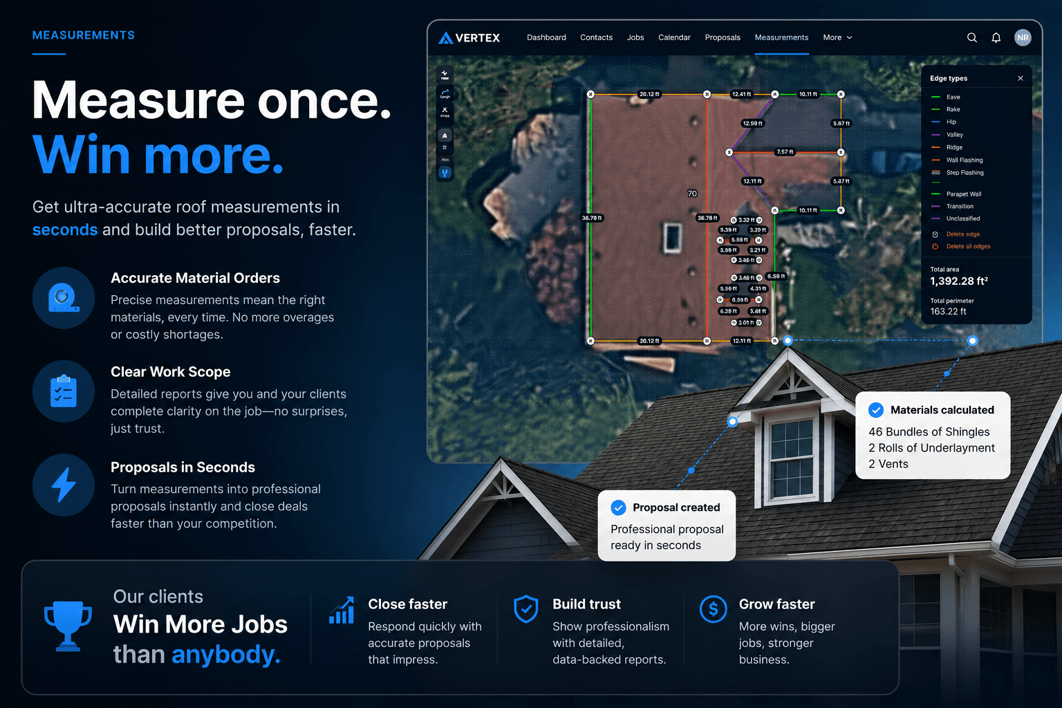 Vertex CRM aerial roof measurement with color-coded edges, live totals, and material and proposal callouts