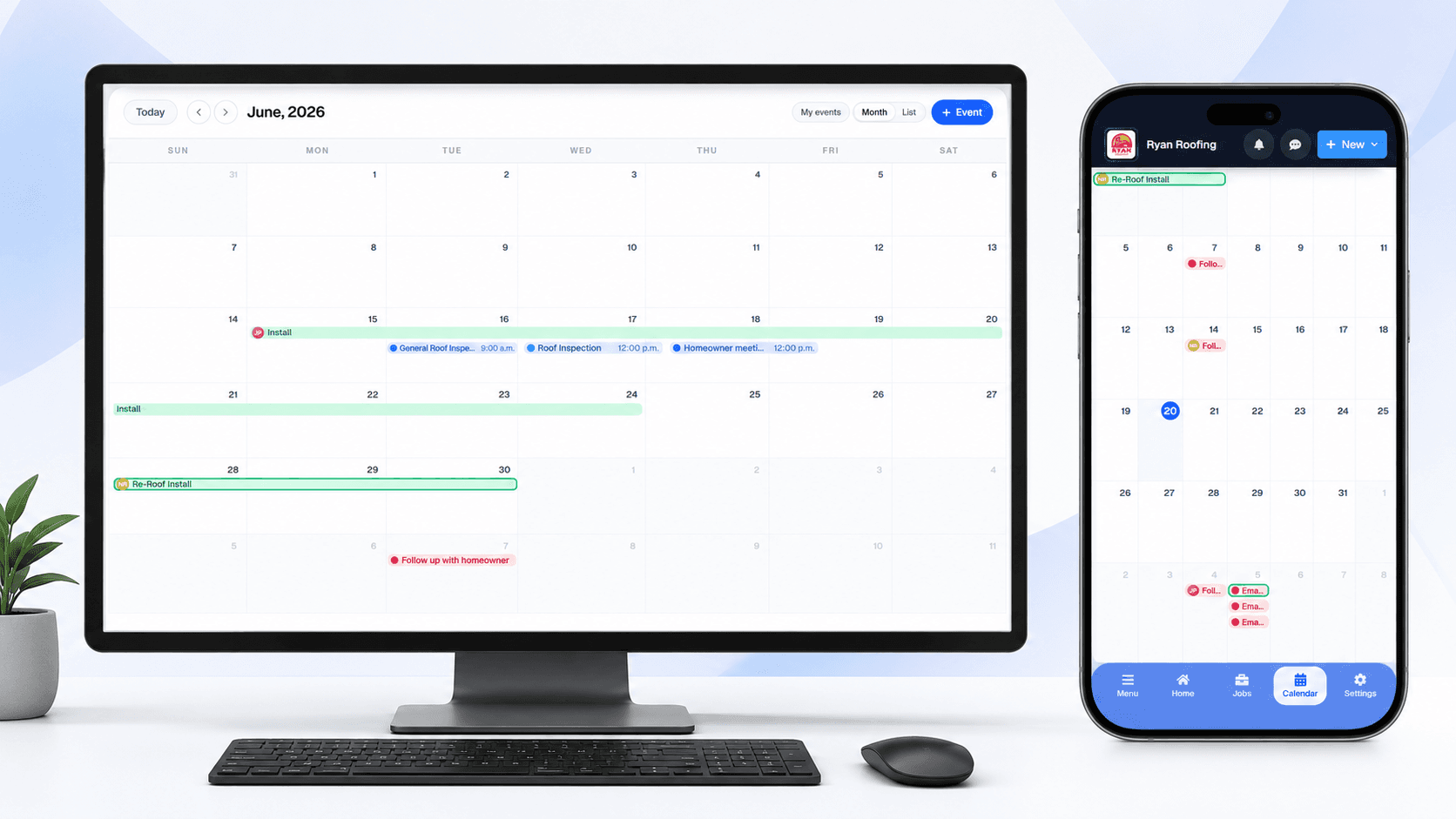 Vertex CRM month calendar with multi-day event bars shown on a desktop monitor and a phone