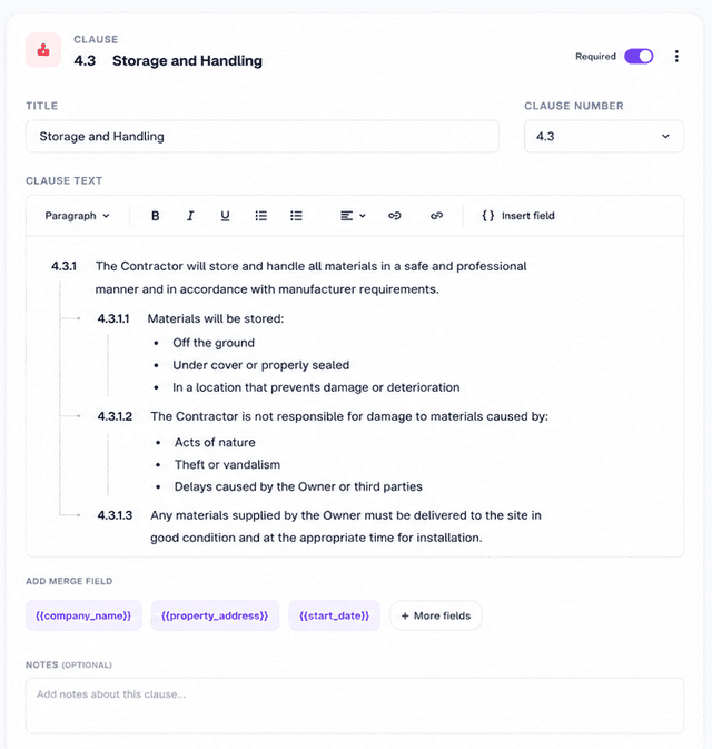 A contract clause numbered 4.3.1 with sub-clauses 4.3.1.1 to 4.3.1.3 and nested bullet points beneath them