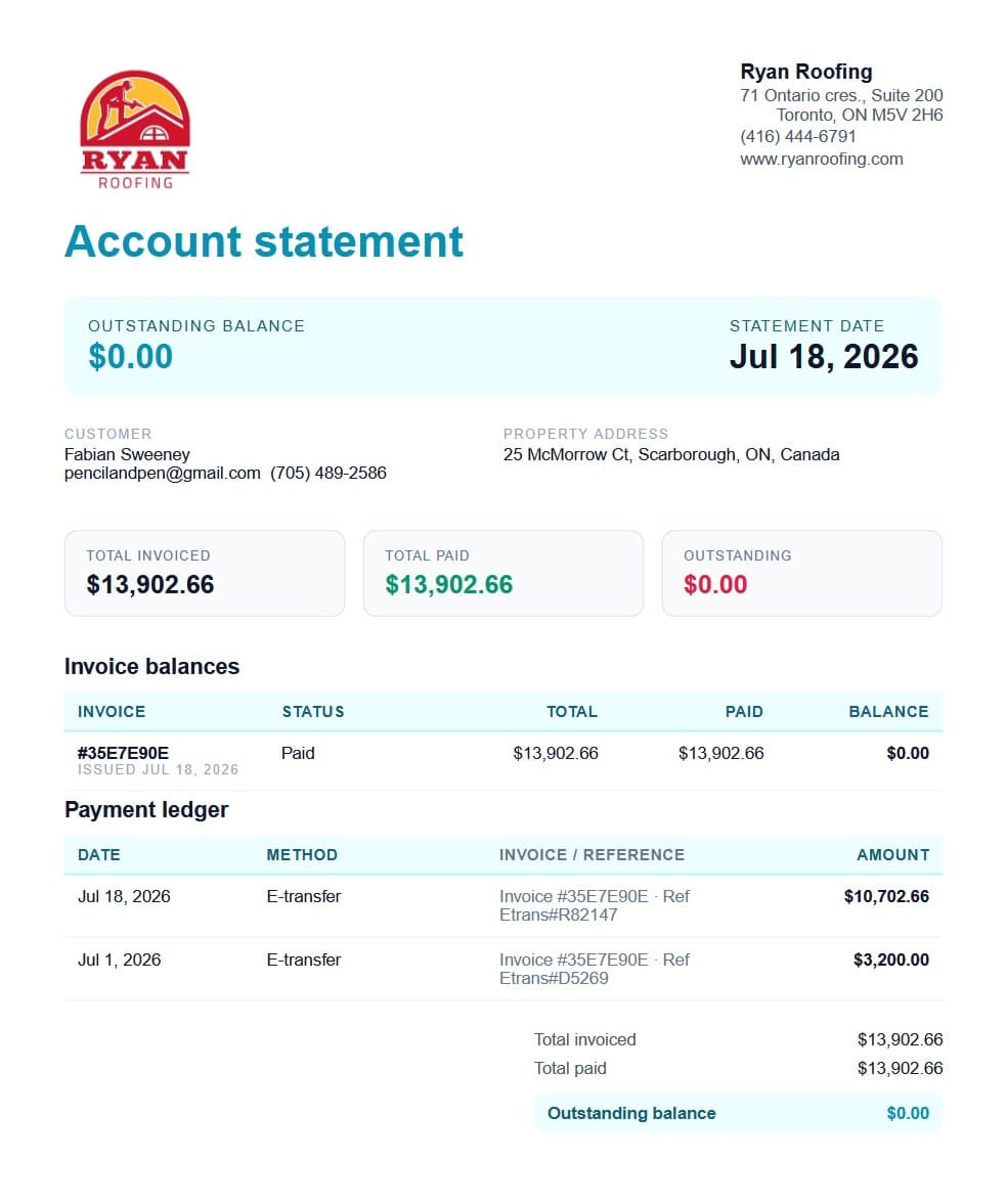 Vertex CRM account statement PDF with payment ledger and balances