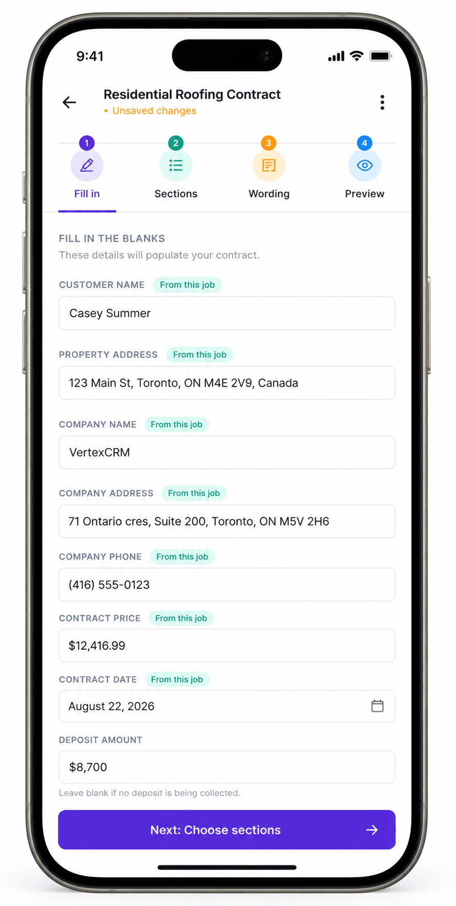 The Vertex CRM contract builder on a phone, showing the Fill in, Sections, Wording, and Preview steps with auto-filled job details
