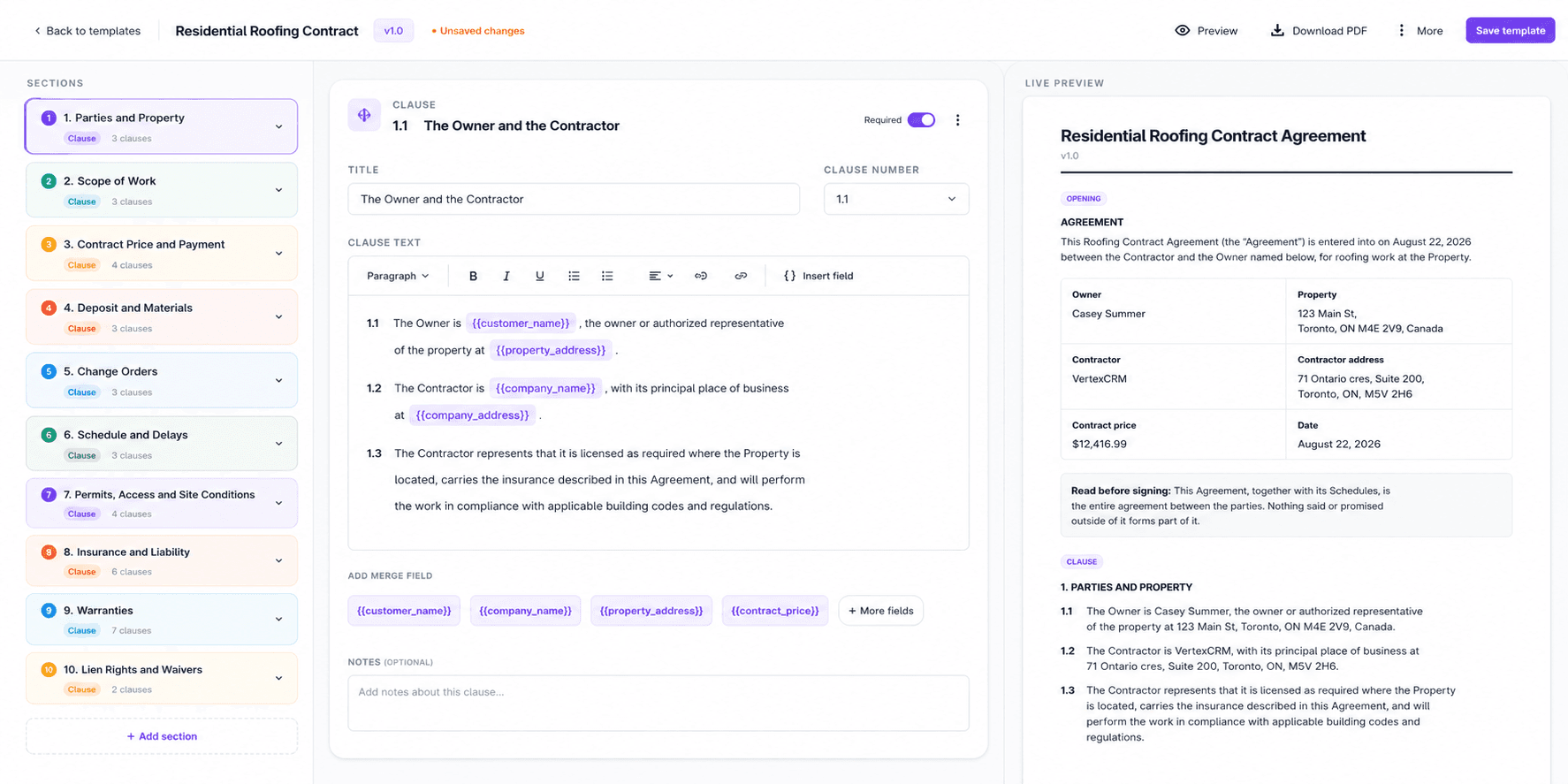 The Vertex CRM contract template builder: a colour-coded section rail, the open clause in the middle, and a live page preview on the right
