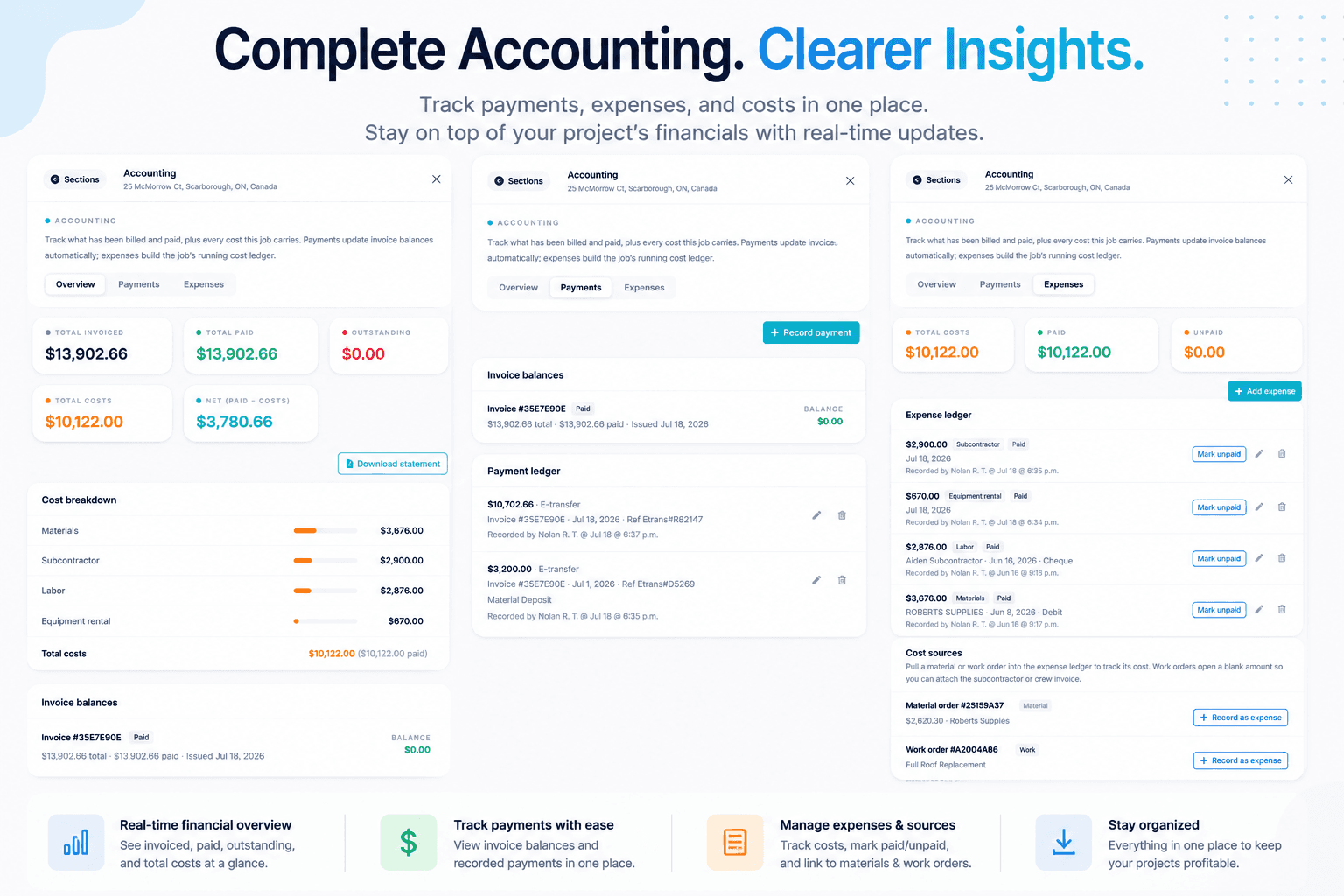 Vertex CRM accounting with overview, payments, and expenses panels