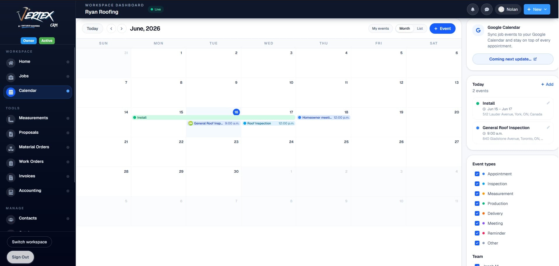 Vertex CRM monthly calendar with color-coded roofing job events