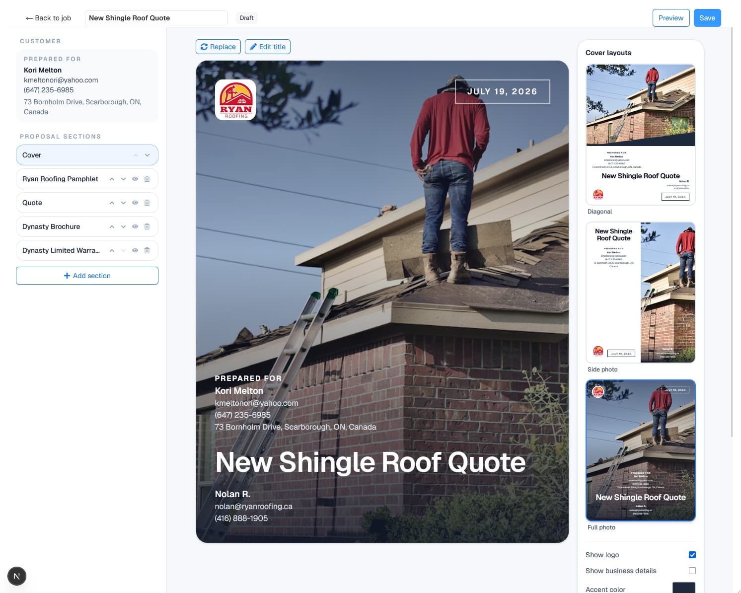 Vertex CRM cover page designer with layout options and brand controls