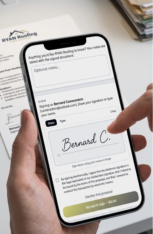 A homeowner signing a Vertex CRM proposal on a phone