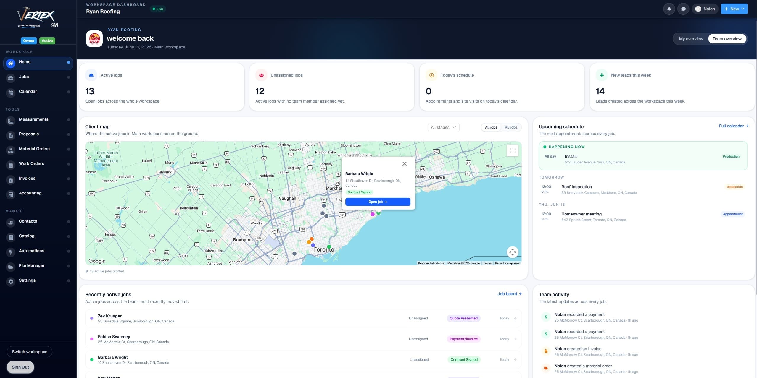 Vertex CRM dashboard with job stats, a live map, and a team activity feed