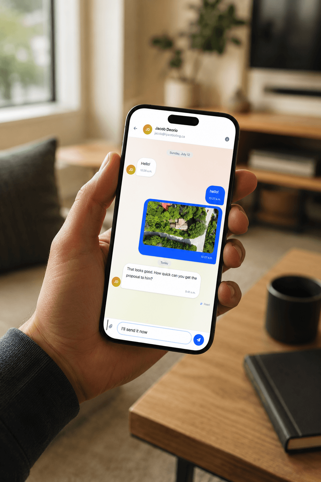 Vertex CRM direct message thread on a phone with a shared roof photo