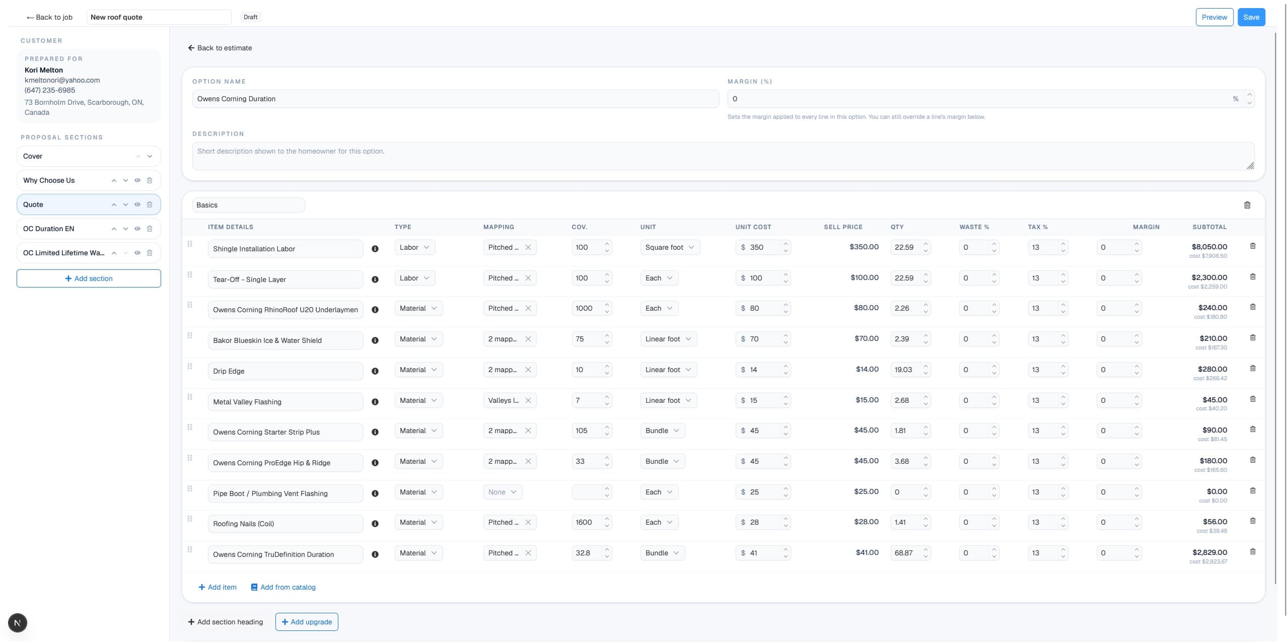 Vertex CRM proposal estimate editor with line items, waste, and margin