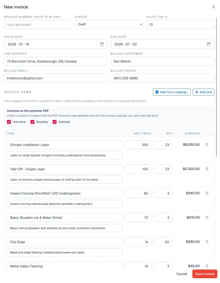 Vertex CRM invoice builder with line items, credit, and discount