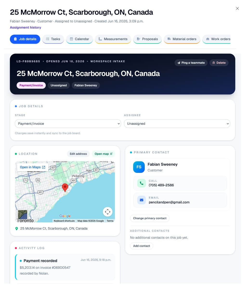 Vertex CRM job detail screen with tabs, contact card, location map, and activity log