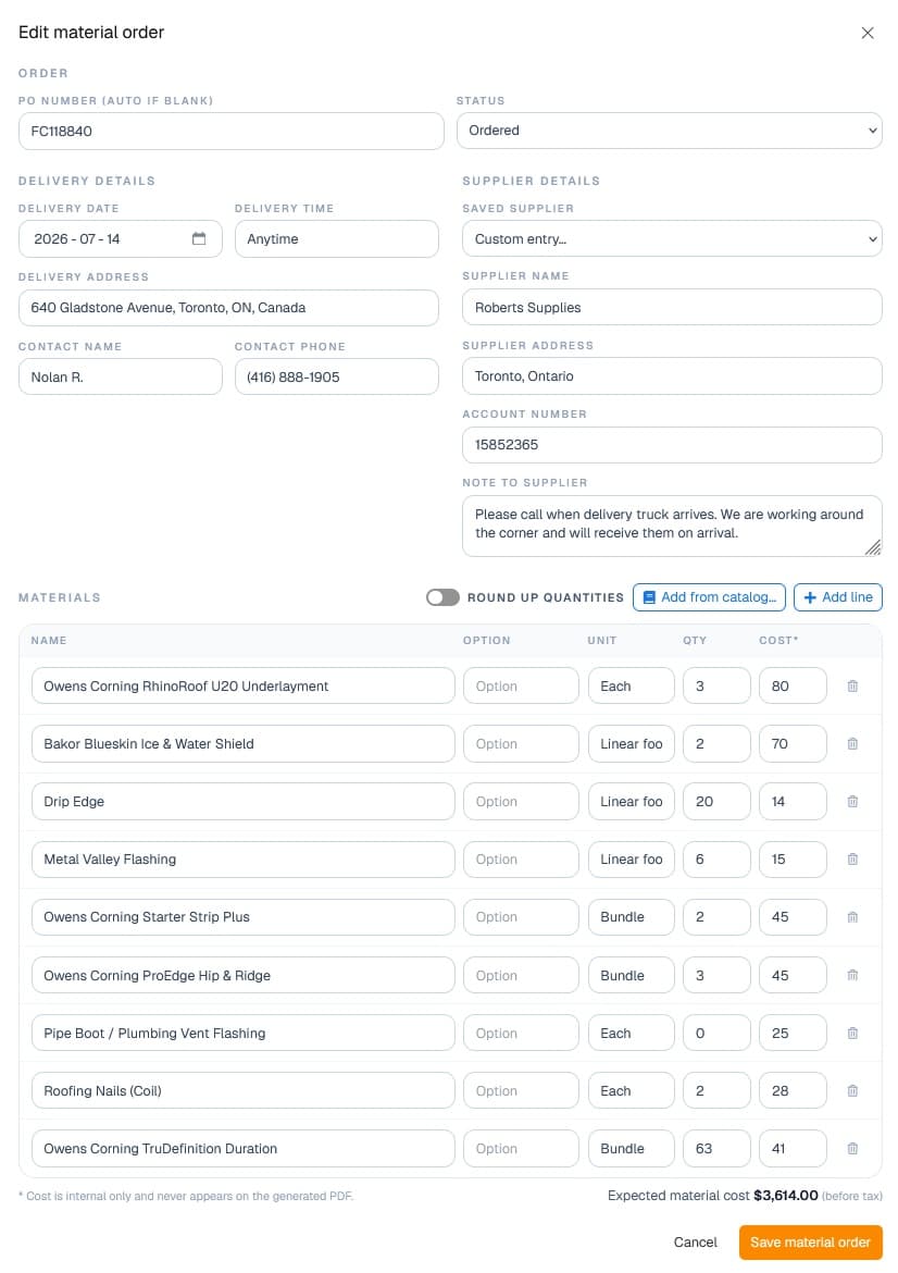 Vertex CRM material order builder with delivery and supplier details