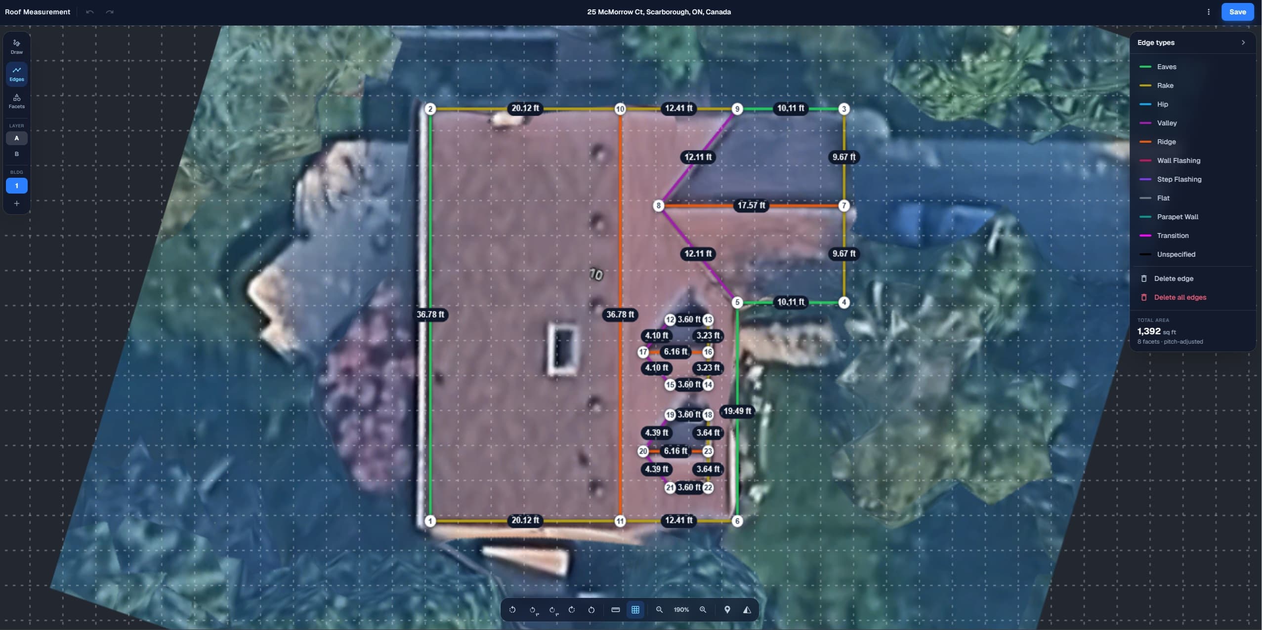 Vertex CRM roof measurement tool overlaying labeled edges on a satellite image