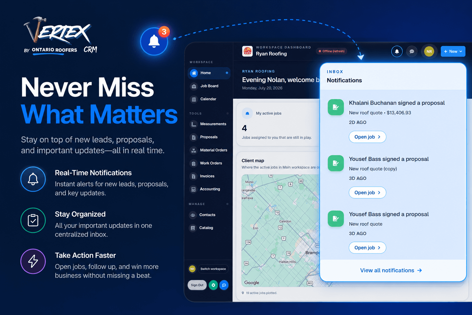 Vertex CRM real-time notification center surfacing signed proposals and lead updates in a centralized inbox