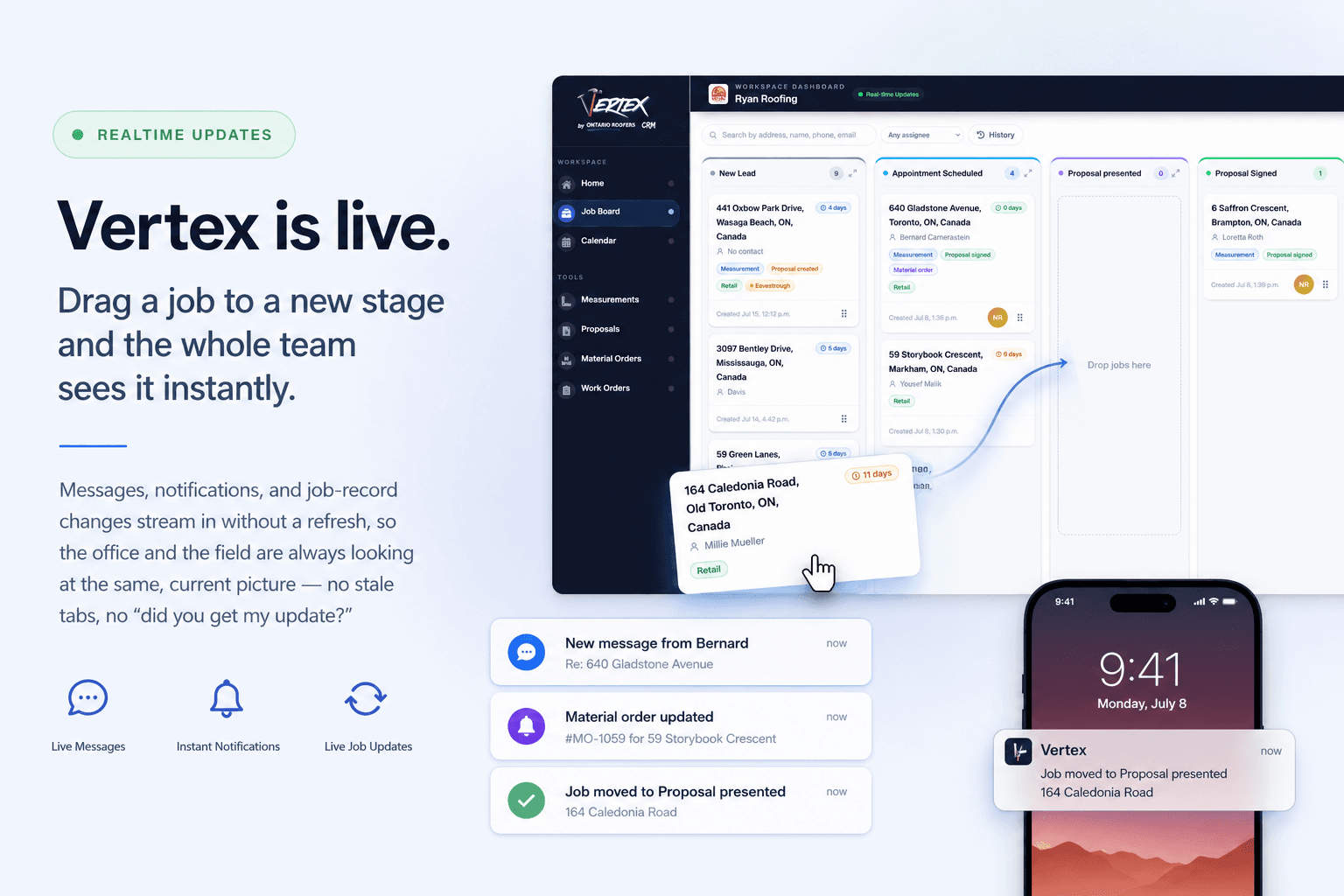 Vertex CRM board updating live as a job moves stages, with real-time message and notification alerts