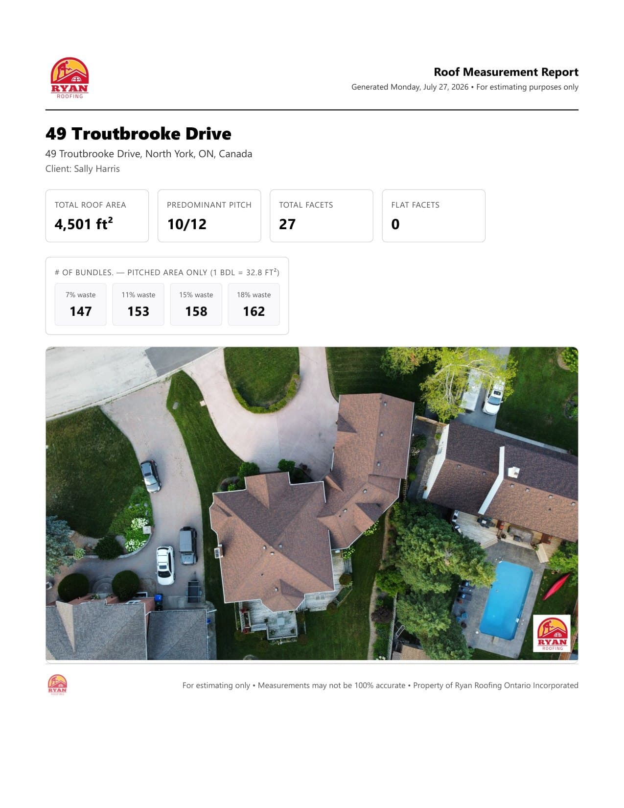 Sample Vertex CRM roof measurement report cover page with an aerial photo and headline totals