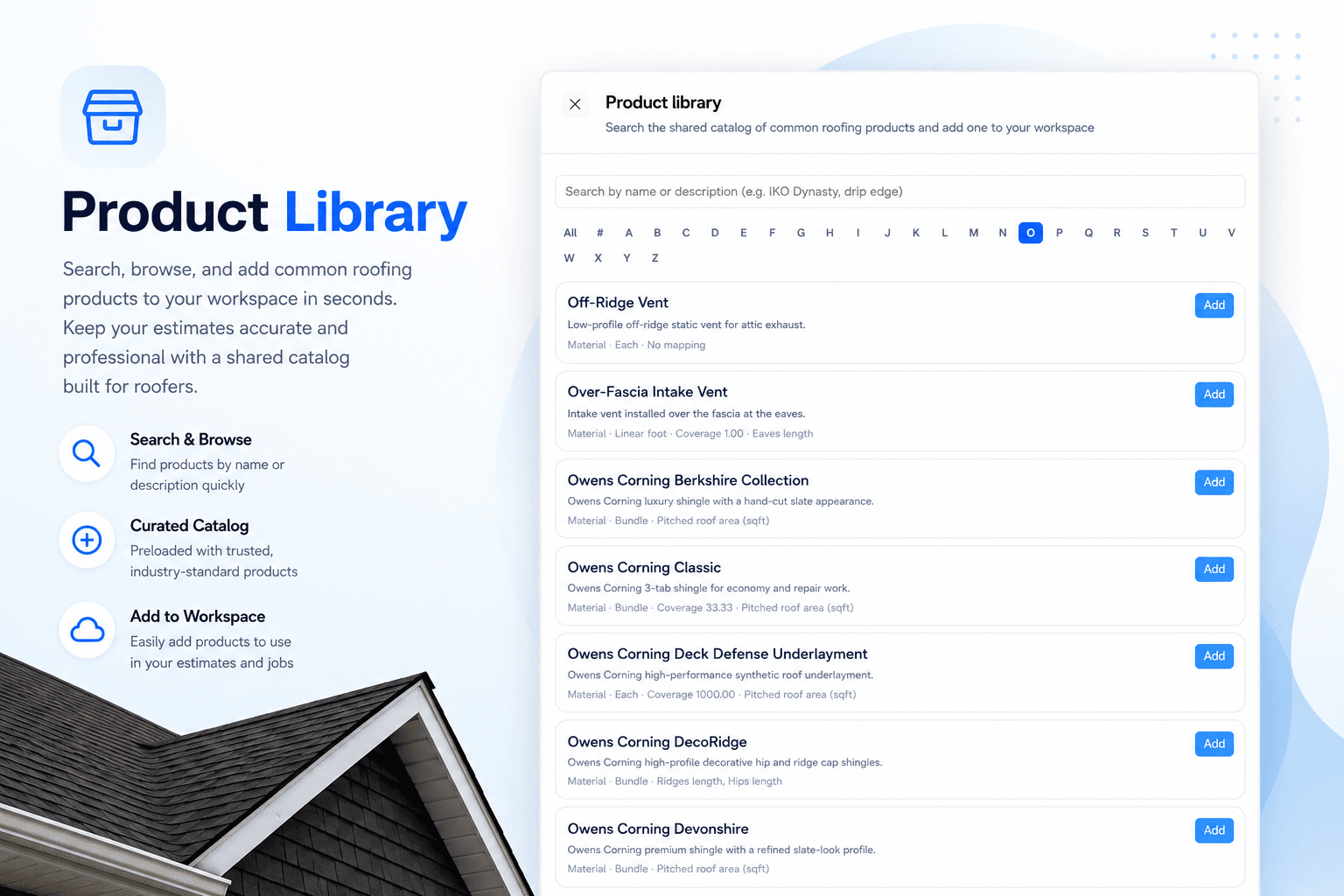 Vertex CRM catalog picker with My catalog and Product library tabs