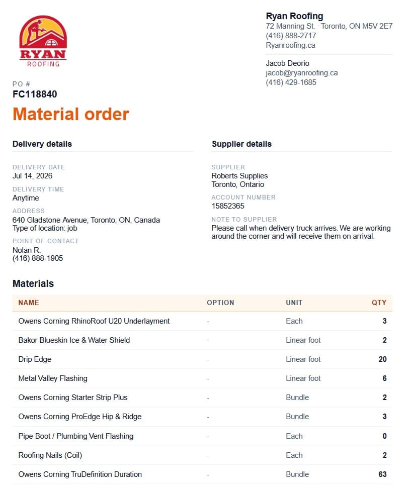 Vertex CRM material order PDF showing a price-free quantity table