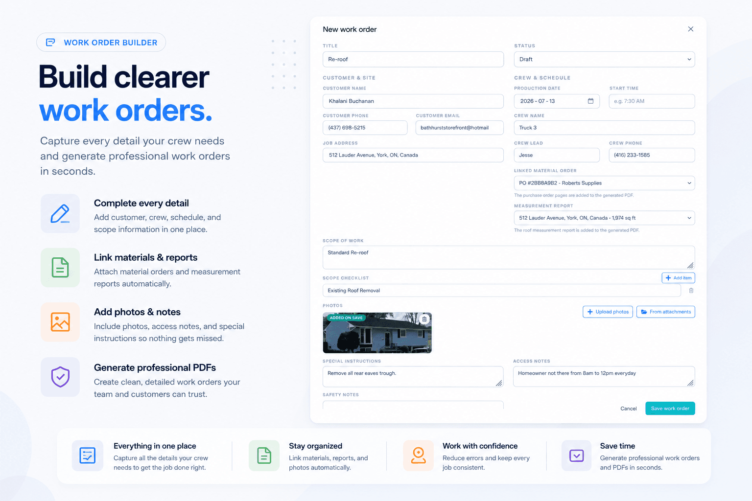 Vertex CRM work order builder with crew, schedule, scope, and photos